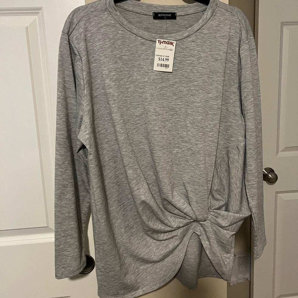 Botanique Women's Long Sleeve Light Grey Knot Front Round Neck Top